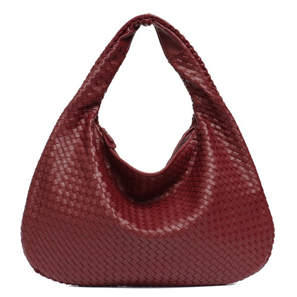 Leather Hobo Bag Handmade Woven Casual Female Handbag Big Capacity Patchwork Zipper Women Shoulder Bags Image 2