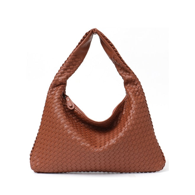 Leather Hobo Bag Handmade Woven Casual Female Handbag Big Capacity Patchwork Zipper Women Shoulder Bags Image 8