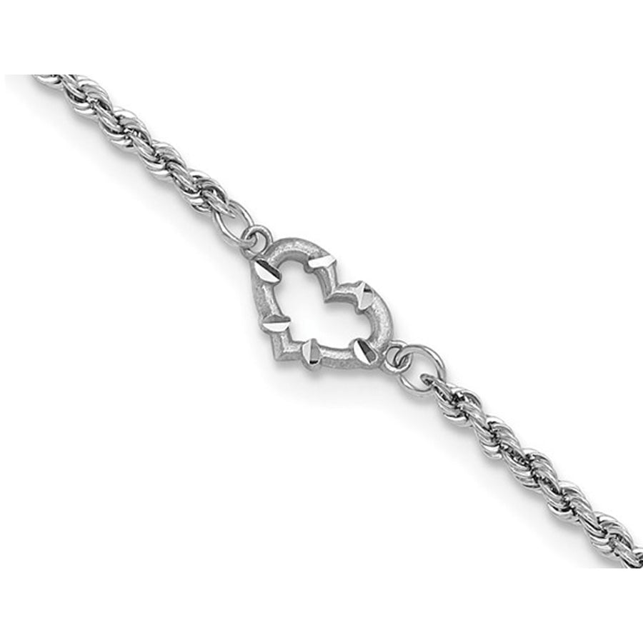 14K White Gold Diamond-Cut Rope Chain Heart Anklet 10 Inches Image 1