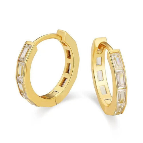 Paris Jewelry 24K Yellow Gold 1-2Ct Emerald Cut White Sapphire Hoop Earrings Plated Image 1