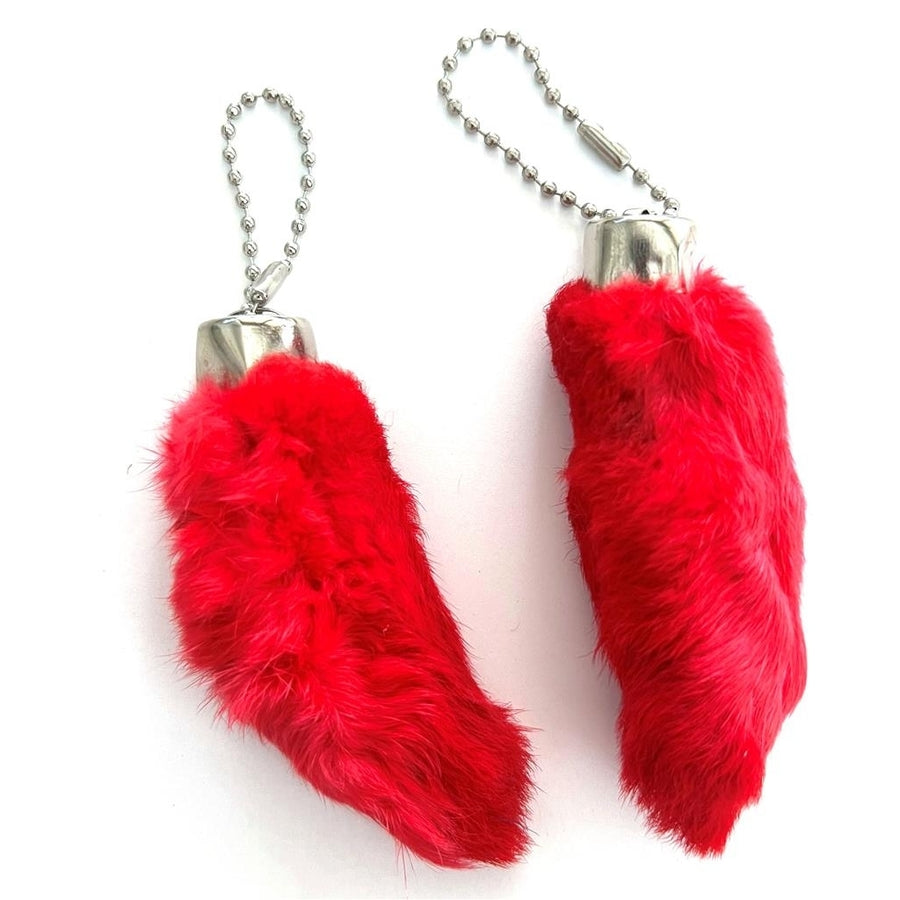 2 RED COLORED RABBIT FOOT KEYCHAINS novelty LUCKY faux hair feet ball chain Image 1