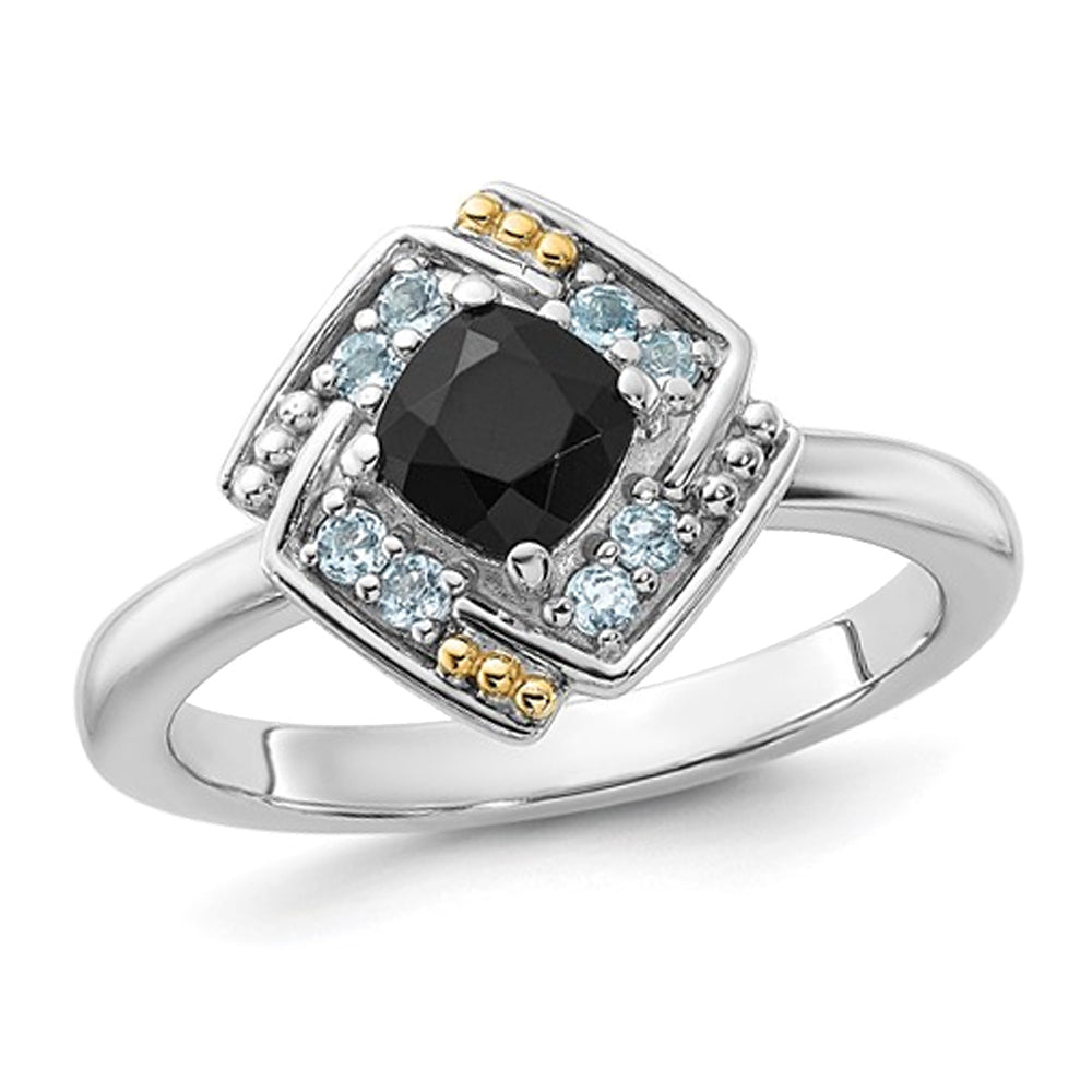 1/2 Carat (ctw) Black Onyx Ring with Blue Topaz in Sterling Silver Image 1