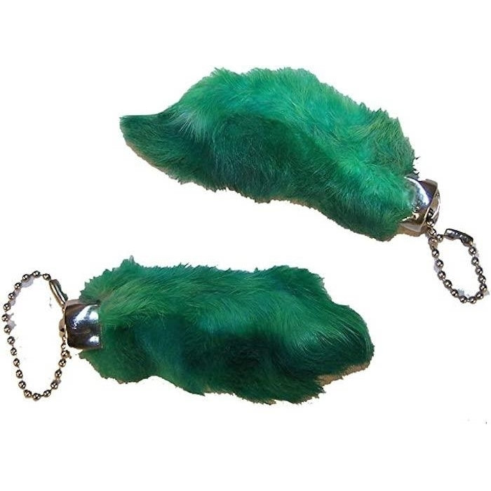 2 GREEN COLORED RABBIT FOOT KEYCHAINS novelty LUCKY faux hair feet ball chain Image 1