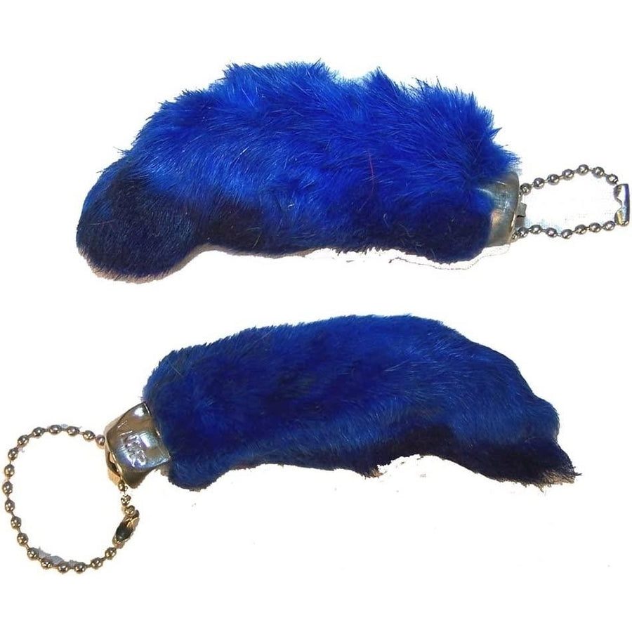 2 BLUE COLORED RABBIT FOOT KEYCHAINS novelty LUCKY faux hair feet ball chain Image 1