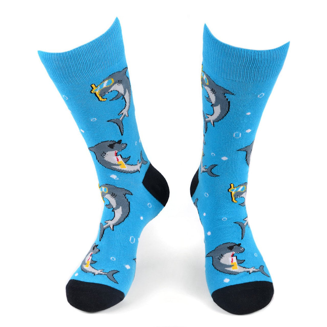 Mens Vacation Shark Novelty Socks Outdoor Fun Ocean Beach Cruise Vacation Sharks Everywhere Socks Image 1