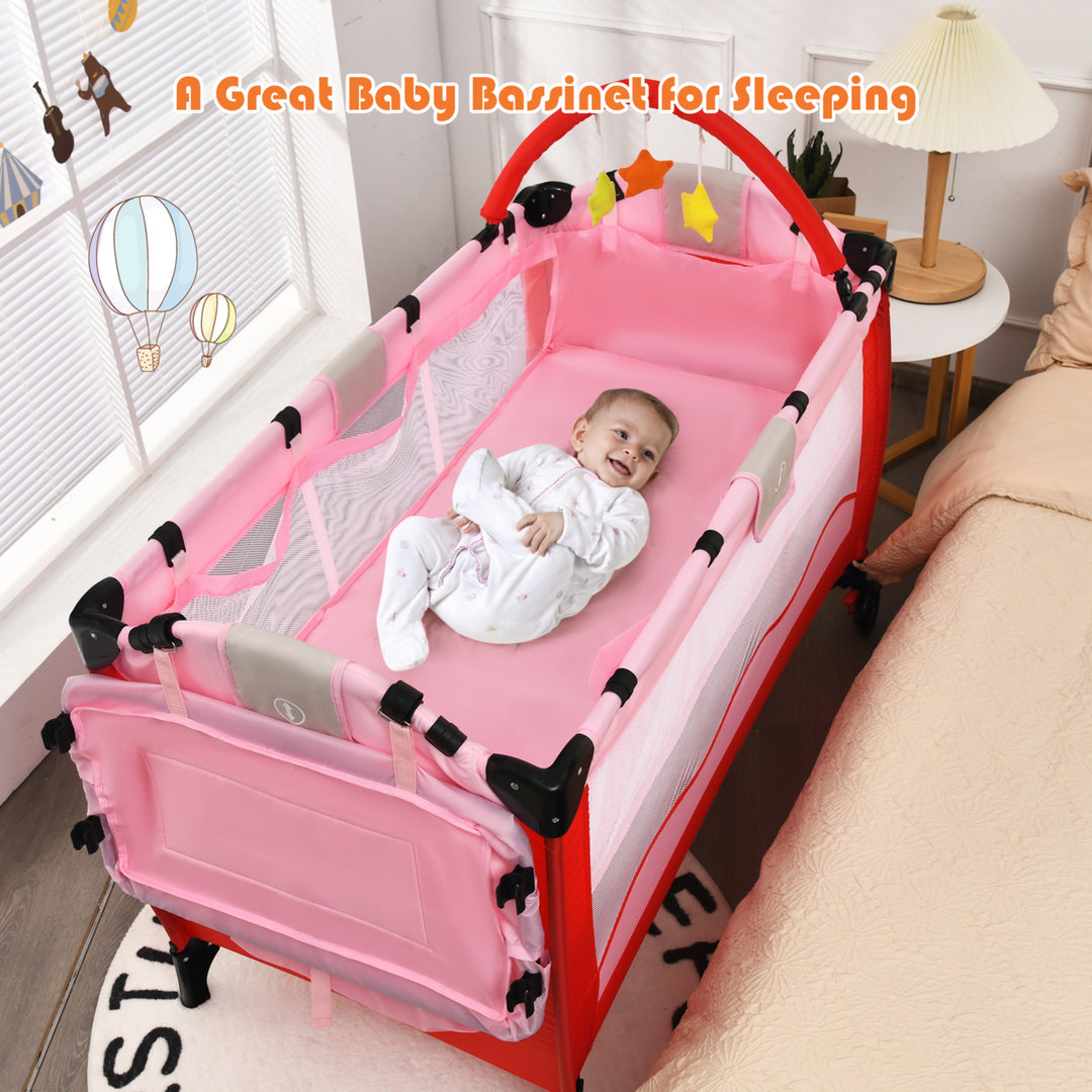 Pink Baby Crib Playpen Playard Pack Travel Infant Bed Foldable Image 6