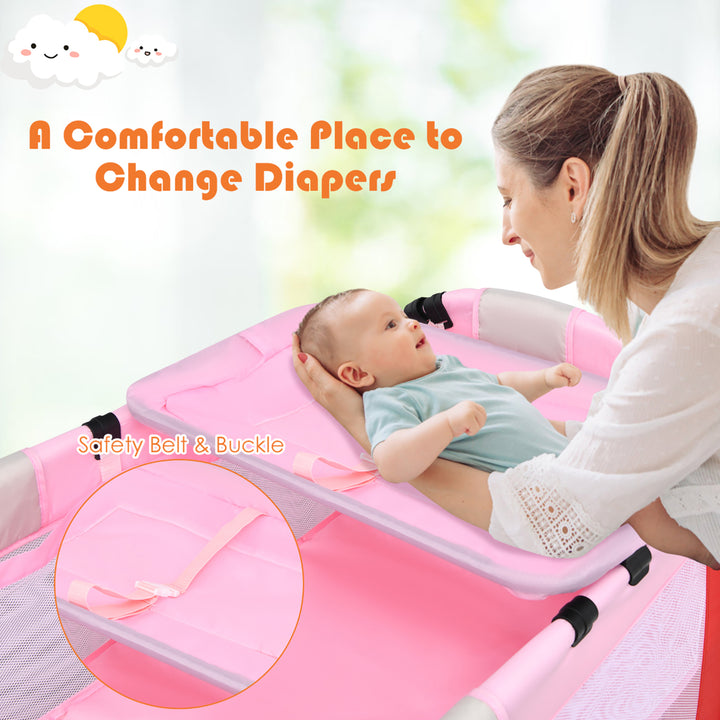 Pink Baby Crib Playpen Playard Pack Travel Infant Bed Foldable Image 7