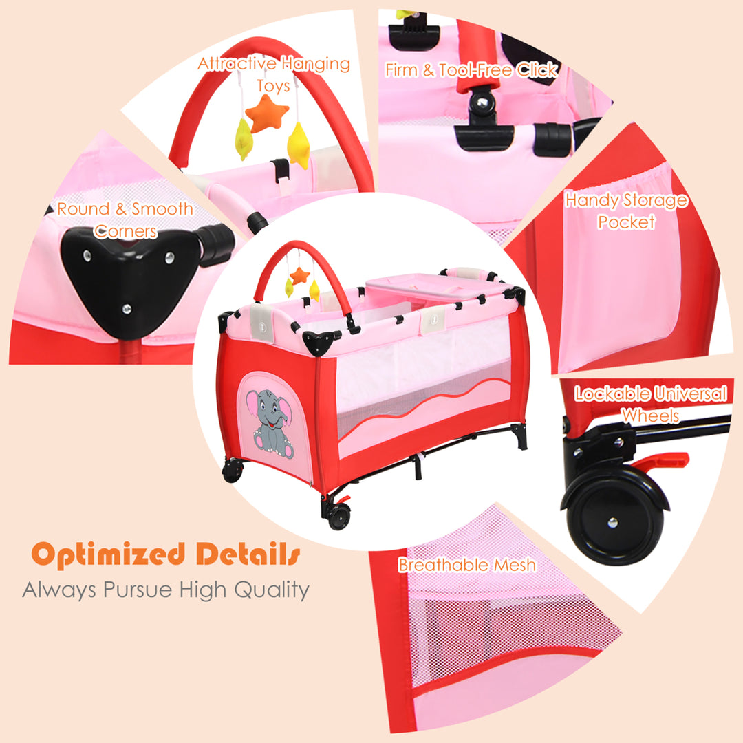 Pink Baby Crib Playpen Playard Pack Travel Infant Bed Foldable Image 9