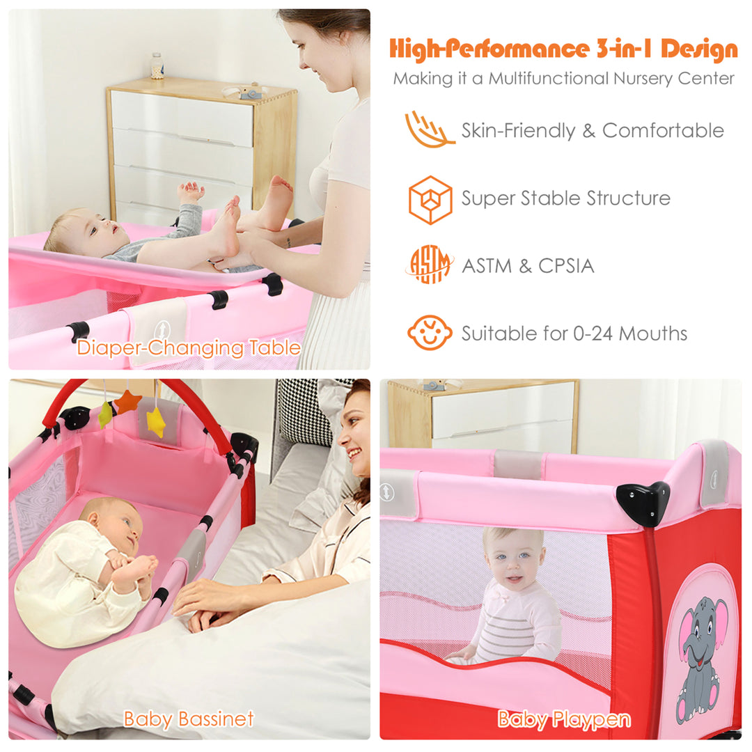 Pink Baby Crib Playpen Playard Pack Travel Infant Bed Foldable Image 10