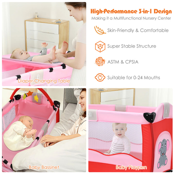 Pink Baby Crib Playpen Playard Pack Travel Infant Bed Foldable Image 10