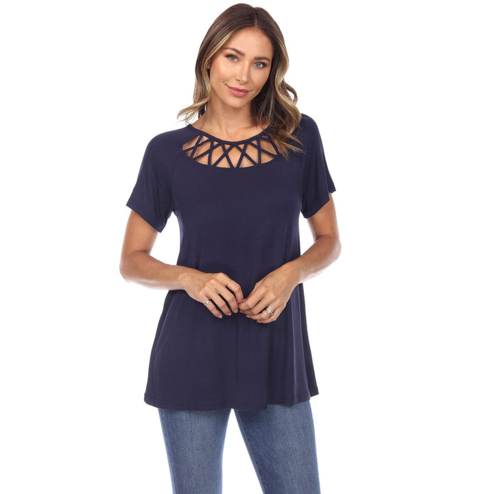 White Mark Womens Crisscross Cutout Short Sleeve Top Image 3