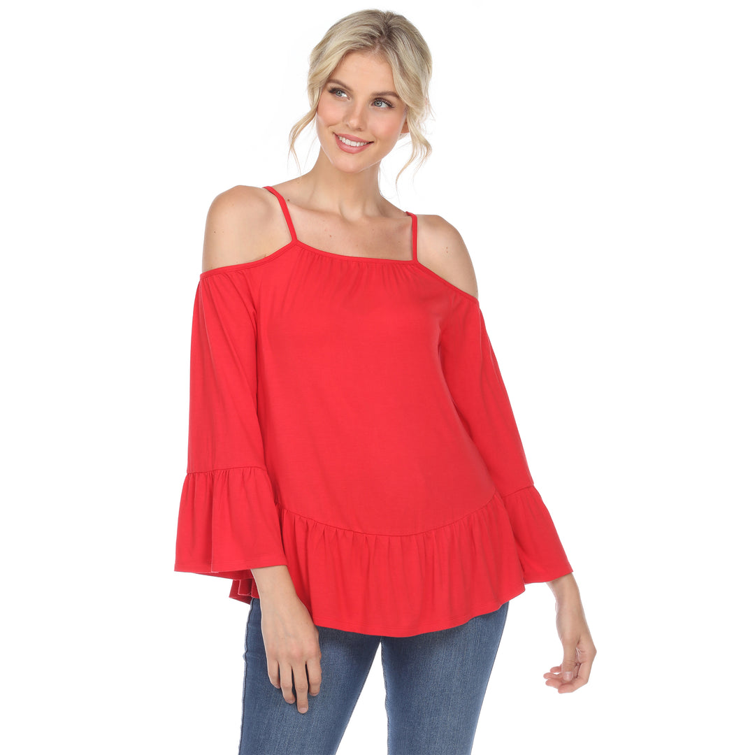 White Mark Cold Shoulder Ruffle Sleeve Top Womens Tunic Top Sizes S-3X 95% Rayon Image 4