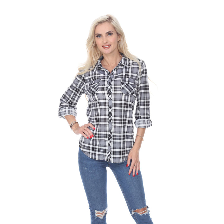 White Mark Womens Stretchy Plaid Flannel Shirt Size S M L XL 100% Polyester Image 1