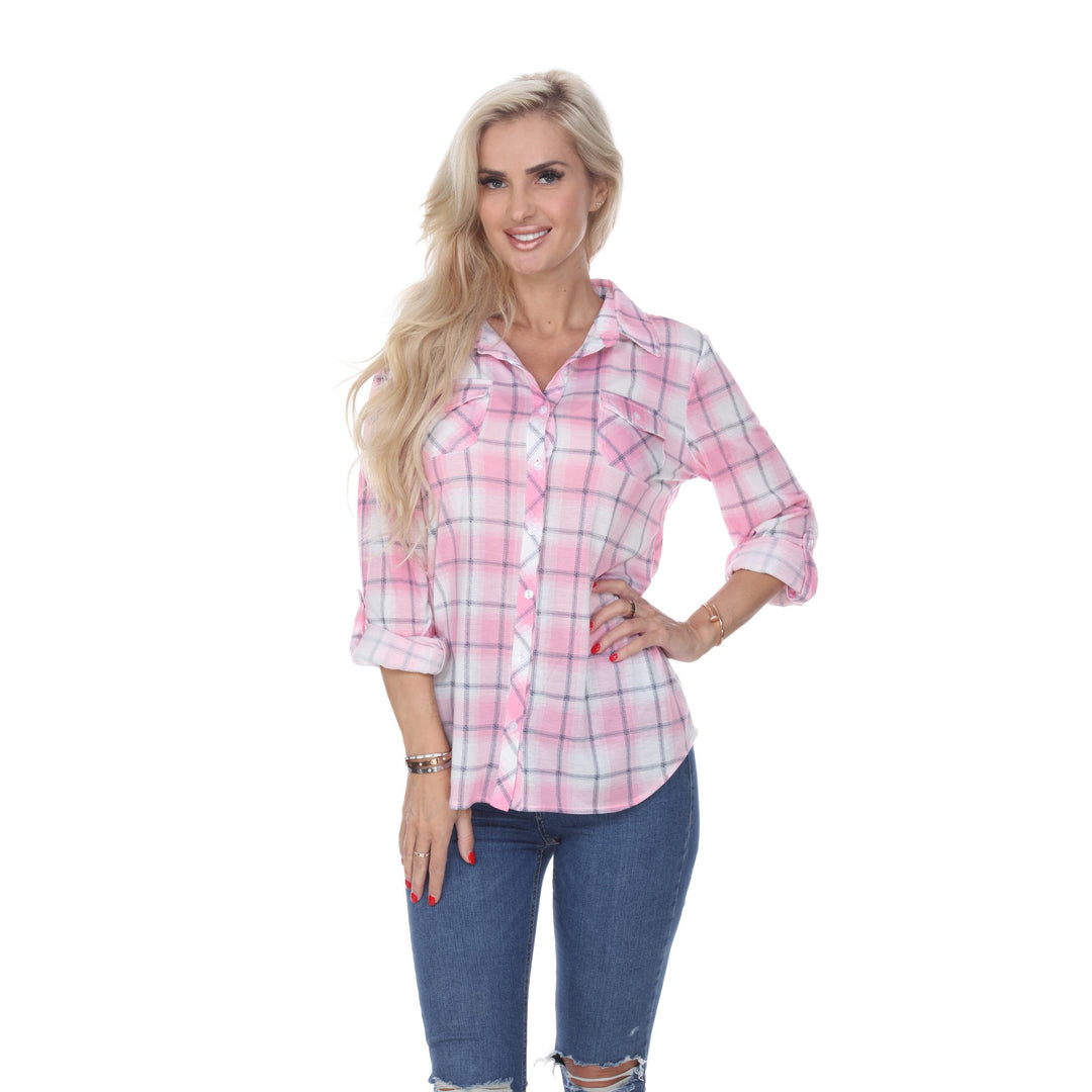 White Mark Womens Stretchy Plaid Flannel Shirt Size S M L XL 100% Polyester Image 1