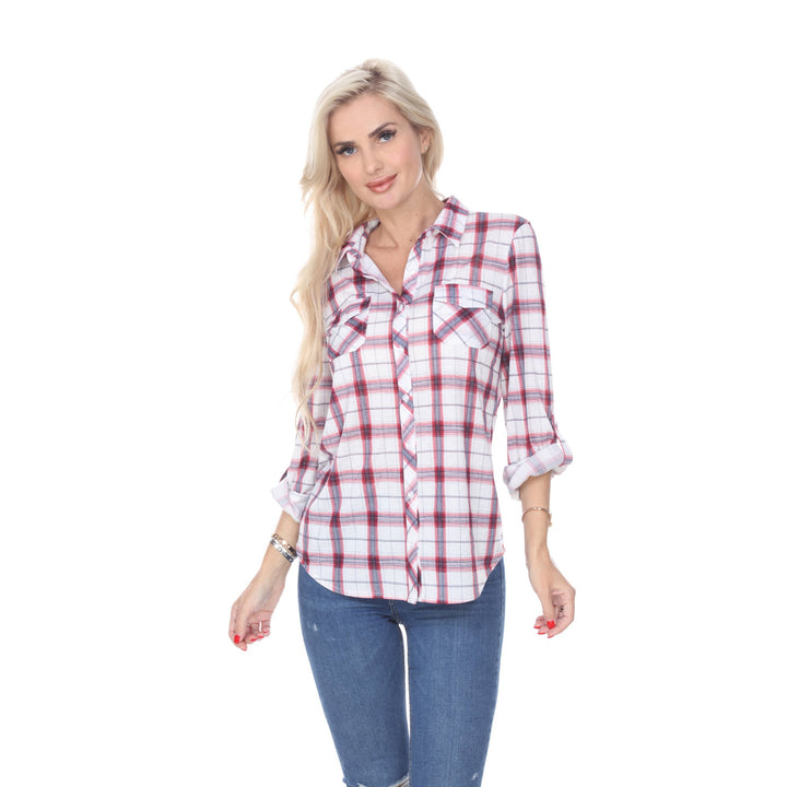 White Mark Womens Stretchy Plaid Flannel Shirt Size S M L XL 100% Polyester Image 4