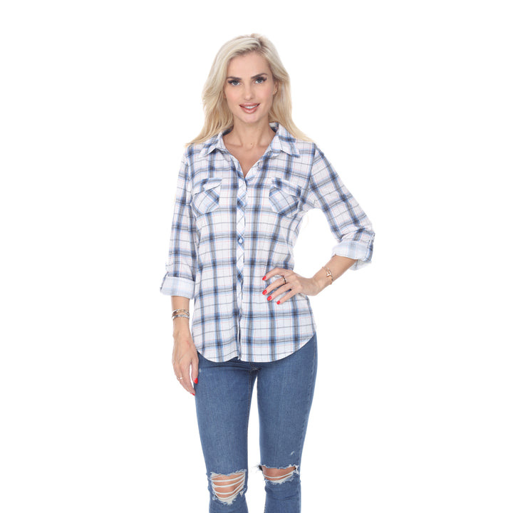 White Mark Womens Stretchy Plaid Flannel Shirt Size S M L XL 100% Polyester Image 4