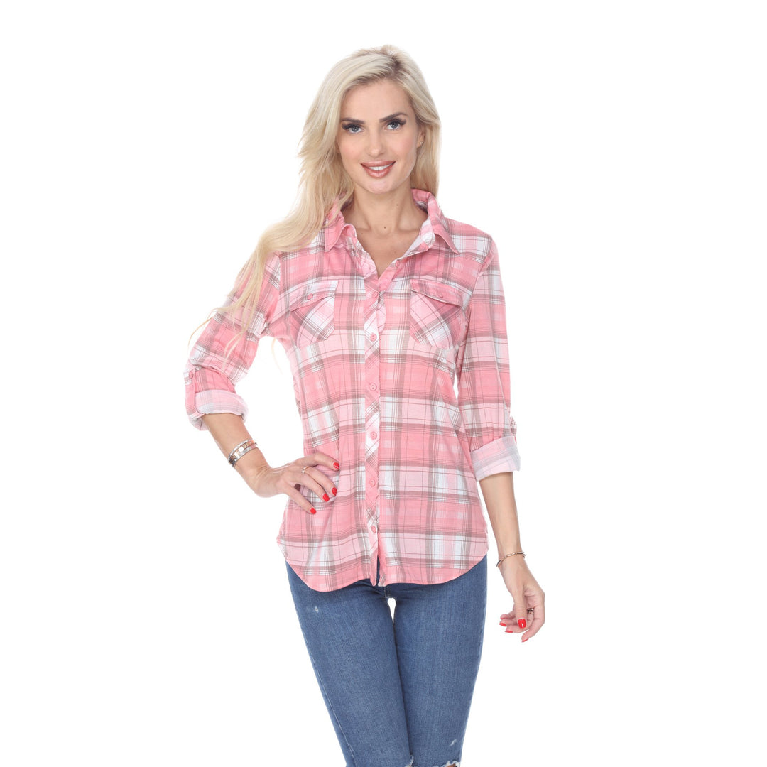 White Mark Womens Stretchy Plaid Flannel Shirt Size S M L XL 100% Polyester Image 1