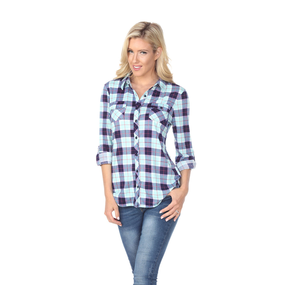 White Mark Womens Stretchy Plaid Flannel Shirt Size S M L XL 100% Polyester Image 1