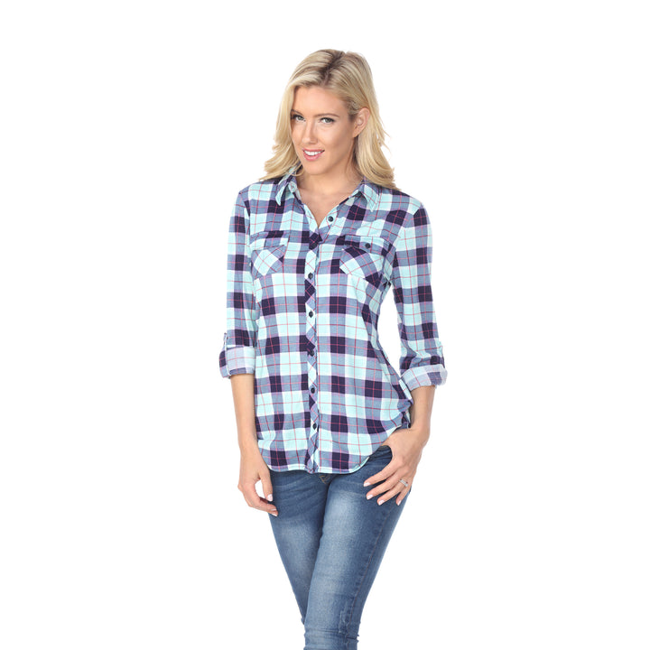 White Mark Womens Stretchy Plaid Flannel Shirt Size S M L XL 100% Polyester Image 7