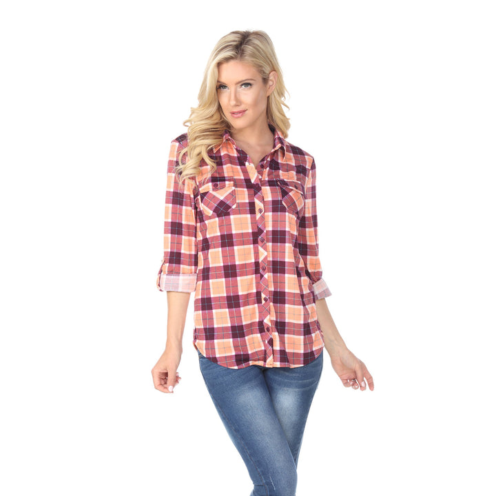 White Mark Womens Stretchy Plaid Flannel Shirt Size S M L XL 100% Polyester Image 8