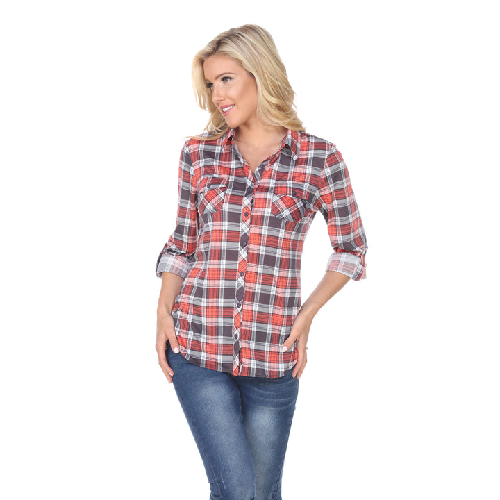 White Mark Womens Stretchy Plaid Flannel Shirt Size S M L XL 100% Polyester Image 9