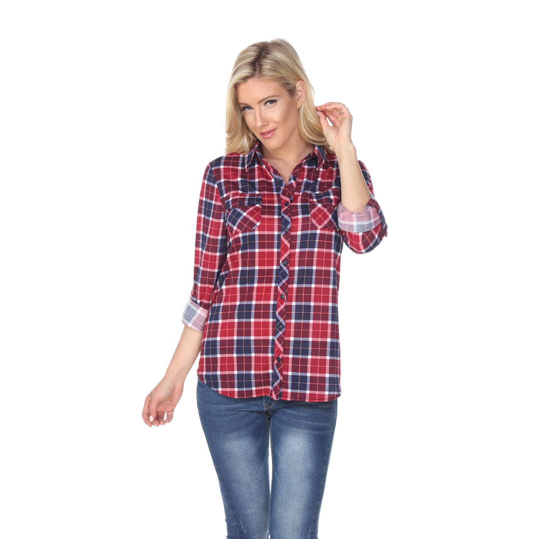 White Mark Womens Stretchy Plaid Flannel Shirt Size S M L XL 100% Polyester Image 1