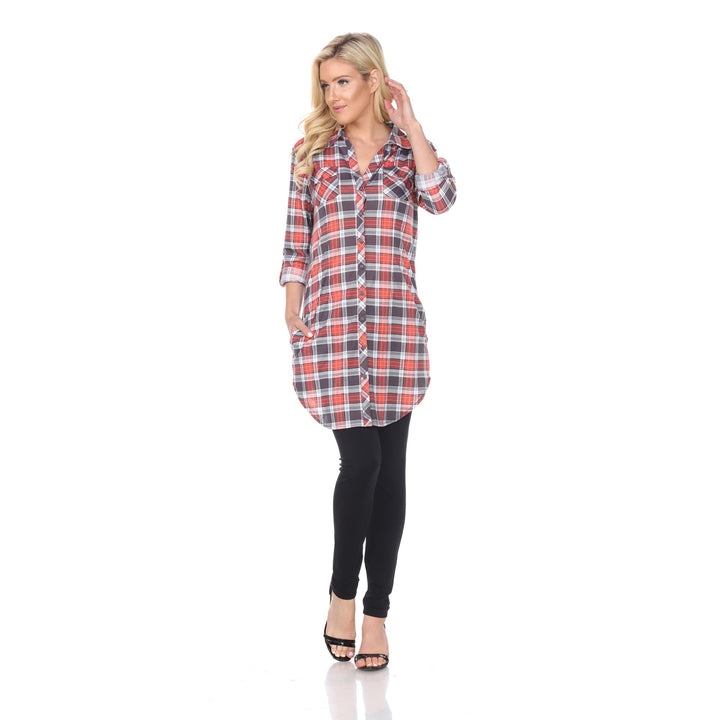 White Mark Womens Plaid Flannel Tunic Top Stretchy Soft Long Sleeve Sizes S-3X Image 9