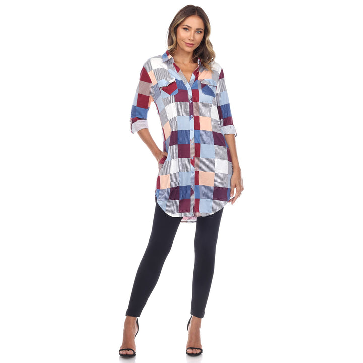 White Mark Womens Buffalo Plaid Tunic Top Long Sleeve 100% Polyester Sizes S-3X Image 3