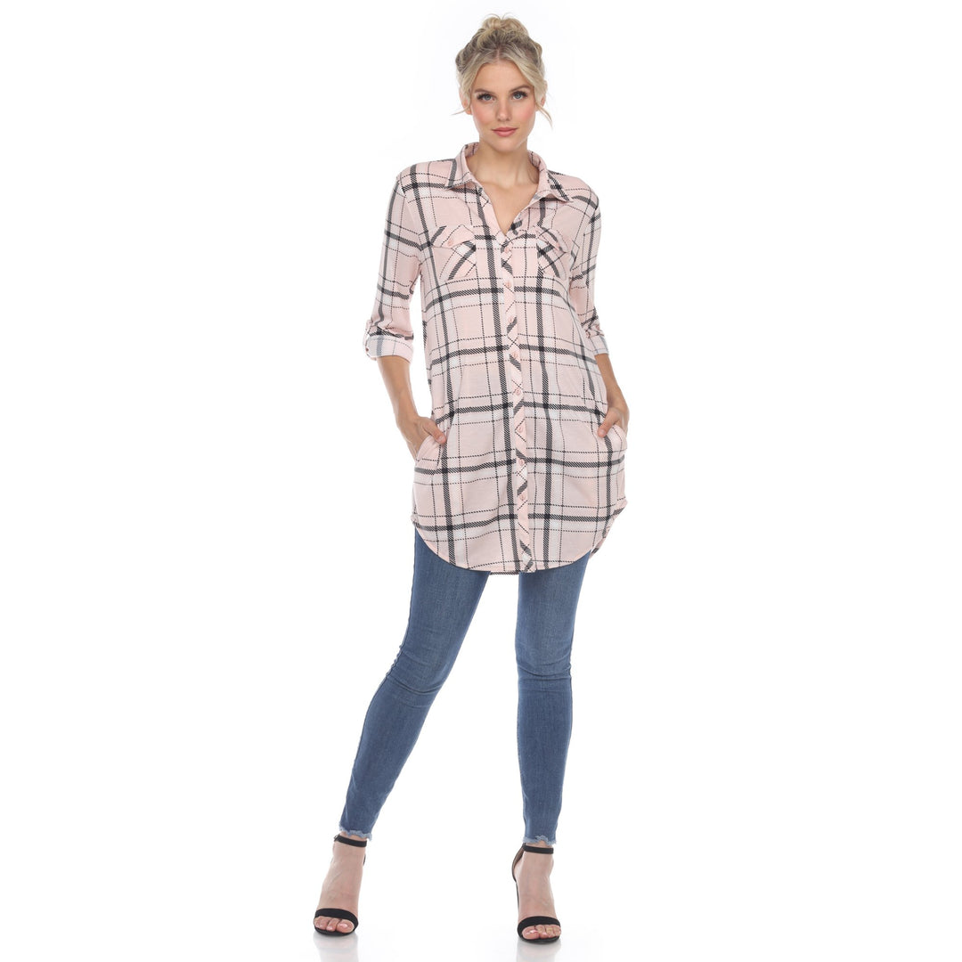 White Mark Womens White Stretchy Plaid Tunic Top Size S-3X Polyester 100% Image 1