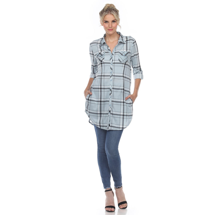 White Mark Womens White Stretchy Plaid Tunic Top Size S-3X Polyester 100% Image 7