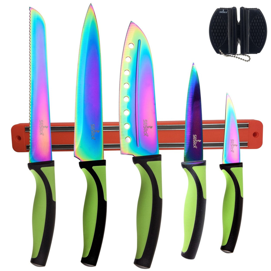 SiliSlick Stainless Steel Green Handle Knife Set - Titanium Coated Utility KnifeSantokuBreadChefand Paring + Sharpener Image 1