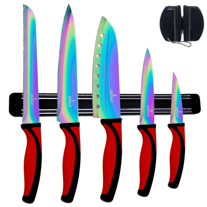 SiliSlick Stainless Steel Blue Handle Knife Set - Titanium Coated Utility KnifeSantokuBreadChefand Paring + Sharpener Image 1