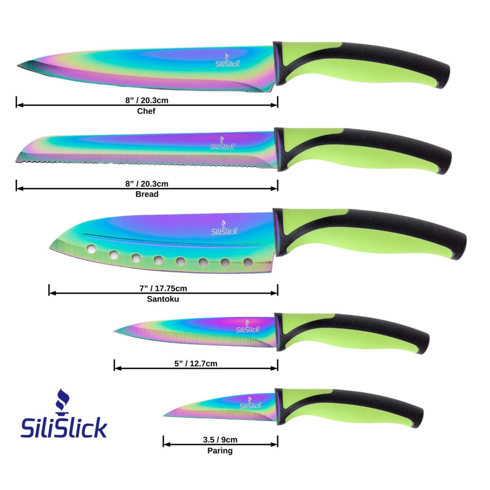SiliSlick Stainless Steel Green Handle Knife Set - Titanium Coated Stainless Steel Kitchen Utility Knife, Santoku, Image 2