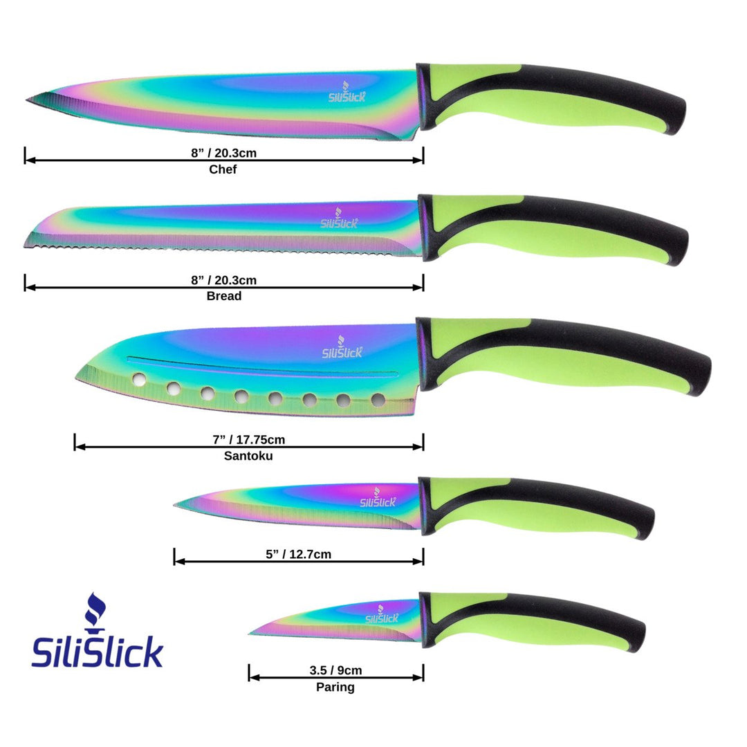 SiliSlick Stainless Steel Green Handle Knife Set - Titanium Coated Stainless Steel Kitchen Utility Image 2