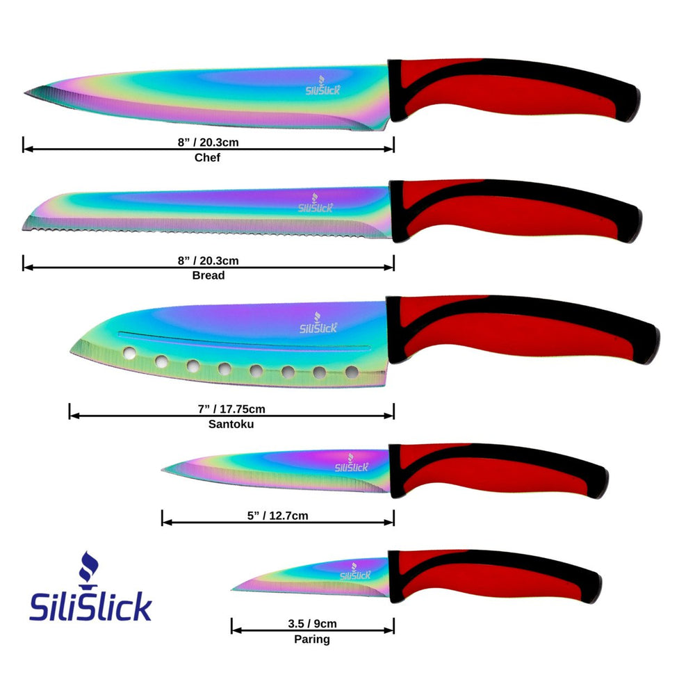 SiliSlick Stainless Steel Blue Handle Knife Set - Titanium Coated Utility Knife, Santoku, Bread, Chef, & Paring + Image 2