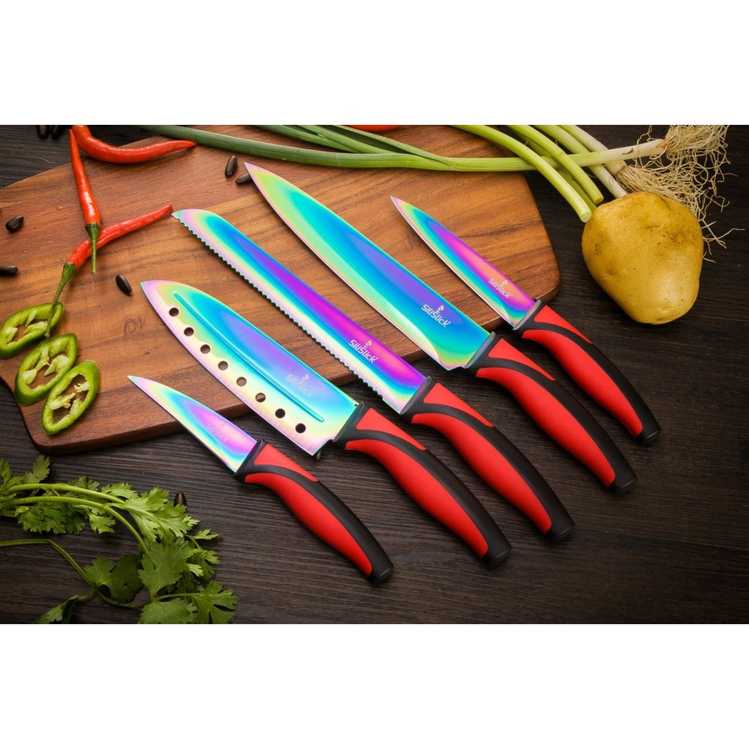 SiliSlick Stainless Steel Red Handle Knife Set - Titanium Coated Stainless Steel Kitchen Utility Image 3