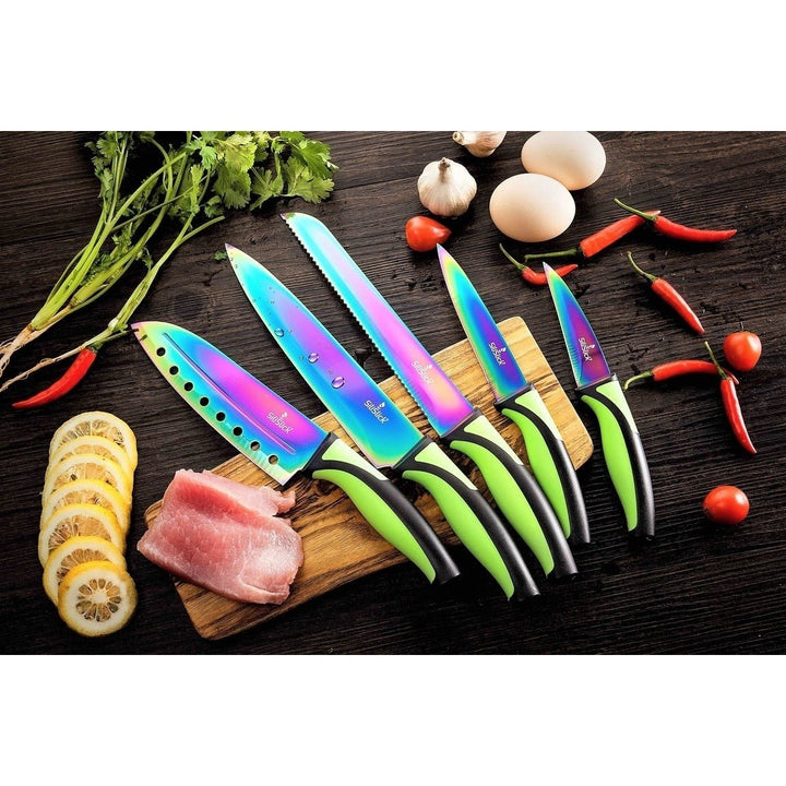 SiliSlick Stainless Steel Green Handle Knife Set - Titanium Coated Utility KnifeSantokuBreadChefand Paring + Sharpener Image 4