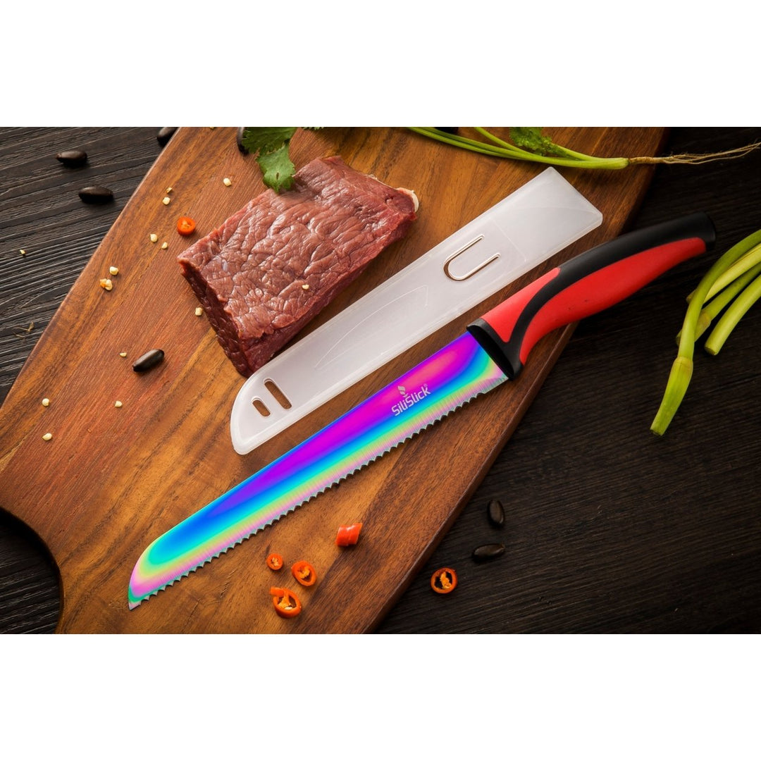 SiliSlick Stainless Steel Knife Set Red Handle Titanium Coated Utility Chef Knives Image 6