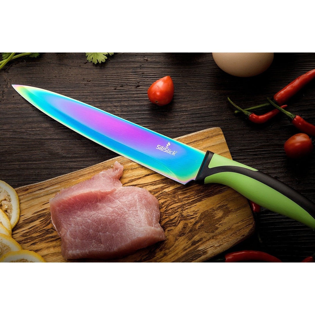 SiliSlick Stainless Steel Green Handle Knife Set - Titanium Coated Utility KnifeSantokuBreadChefand Paring + Sharpener Image 6