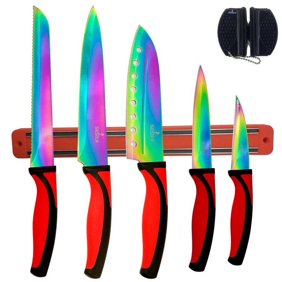 SiliSlick Stainless Steel Red Handle Knife Set - Titanium Coated Utility Knife, Santoku, Bread, Chef, & Paring + Image 1