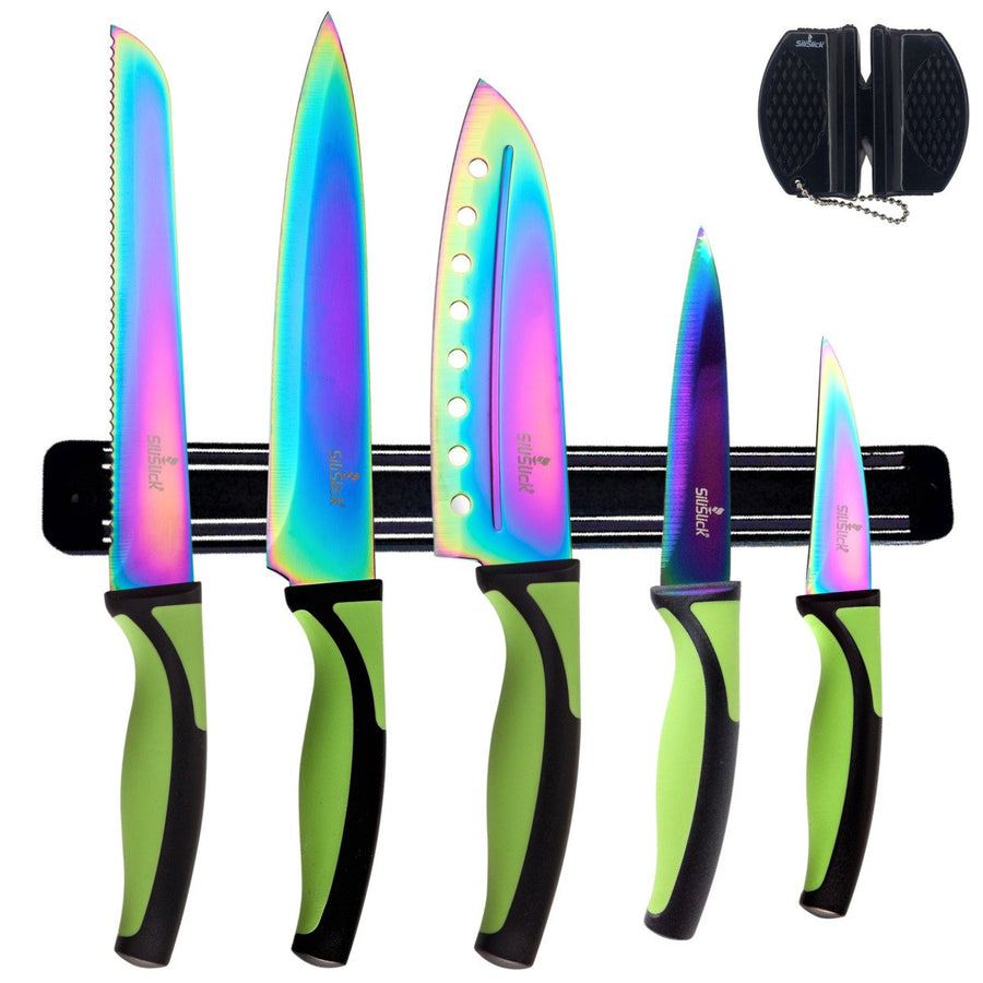 SiliSlick Stainless Steel Green Handle Knife Set - Titanium Coated Utility Knife, Santoku, Bread, Chef, & Paring + Image 1