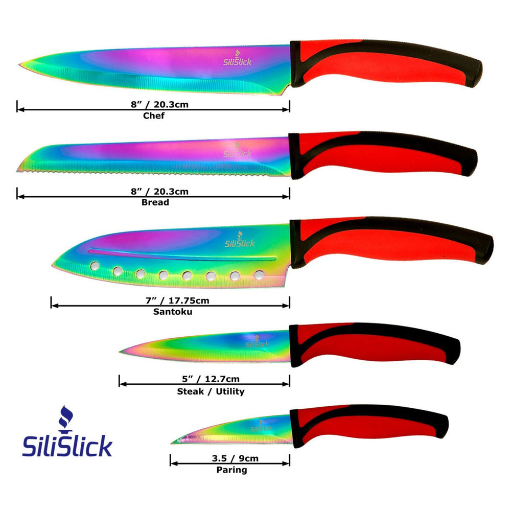 SiliSlick Stainless Steel Red Handle Knife Set - Titanium Coated Utility Knife, Santoku, Bread, Chef, & Paring + Image 2