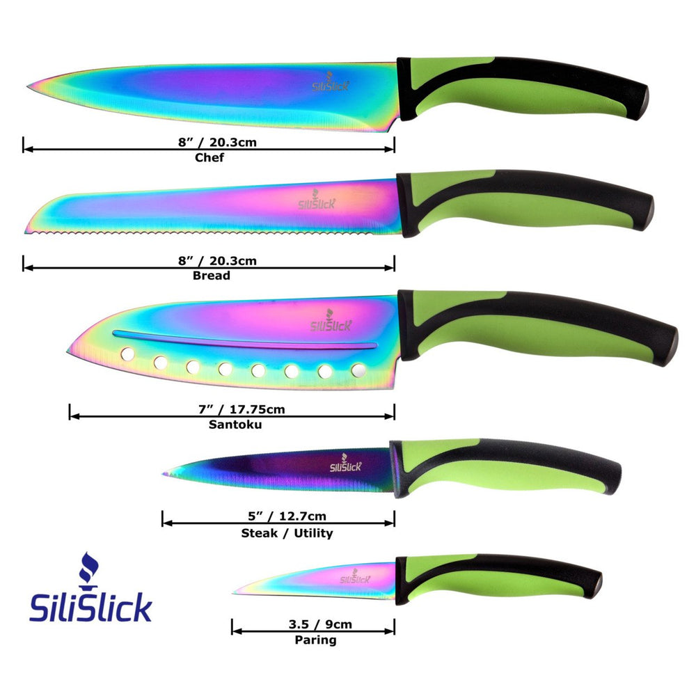 SiliSlick Stainless Steel Green Handle Knife Set - Titanium Coated Utility Knife, Santoku, Bread, Chef, & Paring + Image 2