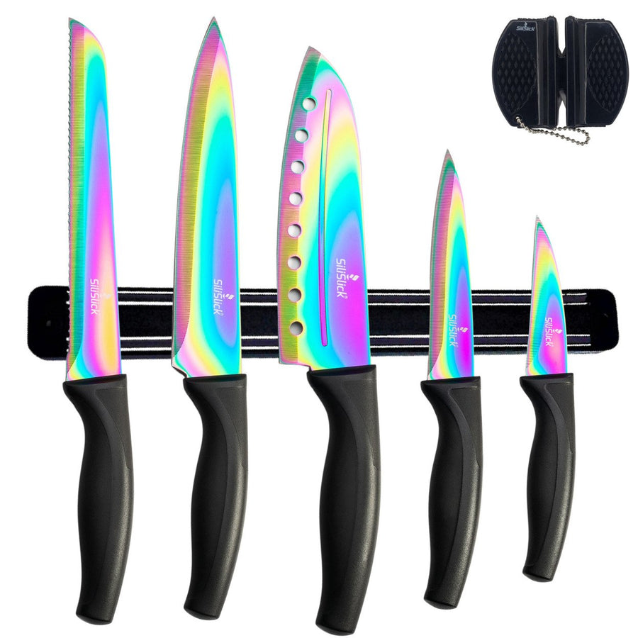 SiliSlick Stainless Steel Black Handle Knife Set - Titanium Coated Utility KnifeSantokuBreadChefand Paring + Sharpener Image 1