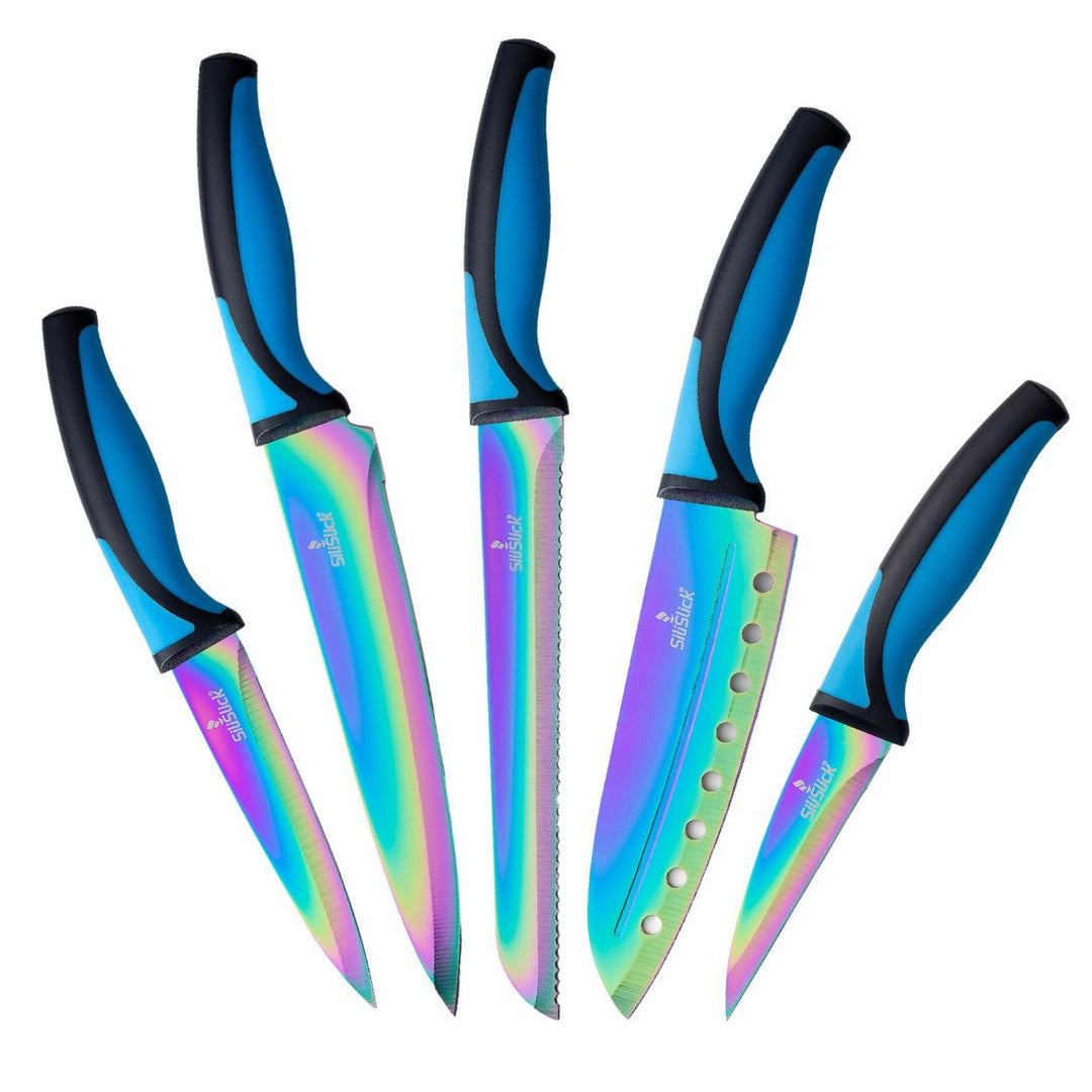 SiliSlick Stainless Steel Knife Set Blue Handle Titanium Coated Utility and Chef Image 1