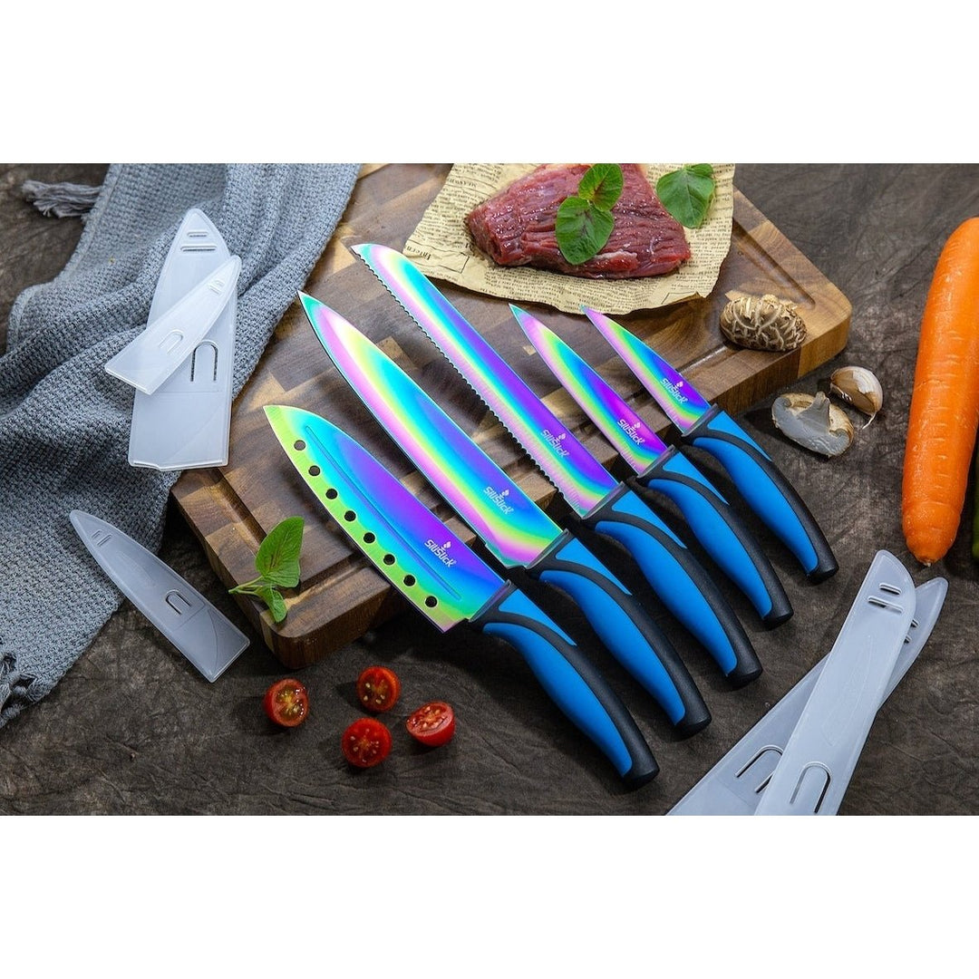 SiliSlick Stainless Steel Blue Handle Knife Set - Titanium Coated Stainless Steel Kitchen Utility Image 3