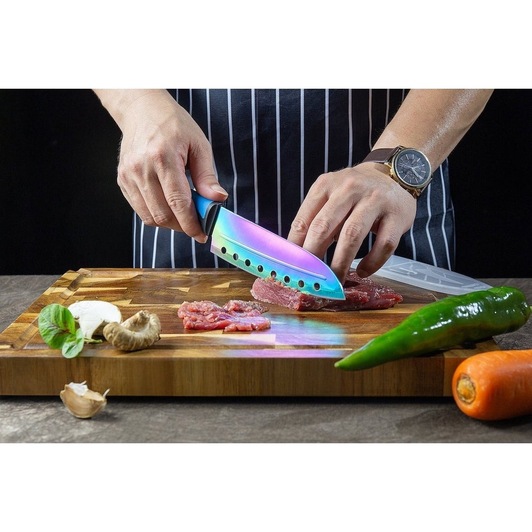 SiliSlick Stainless Steel Knife Set Blue Handle Titanium Coated Utility and Chef Image 4