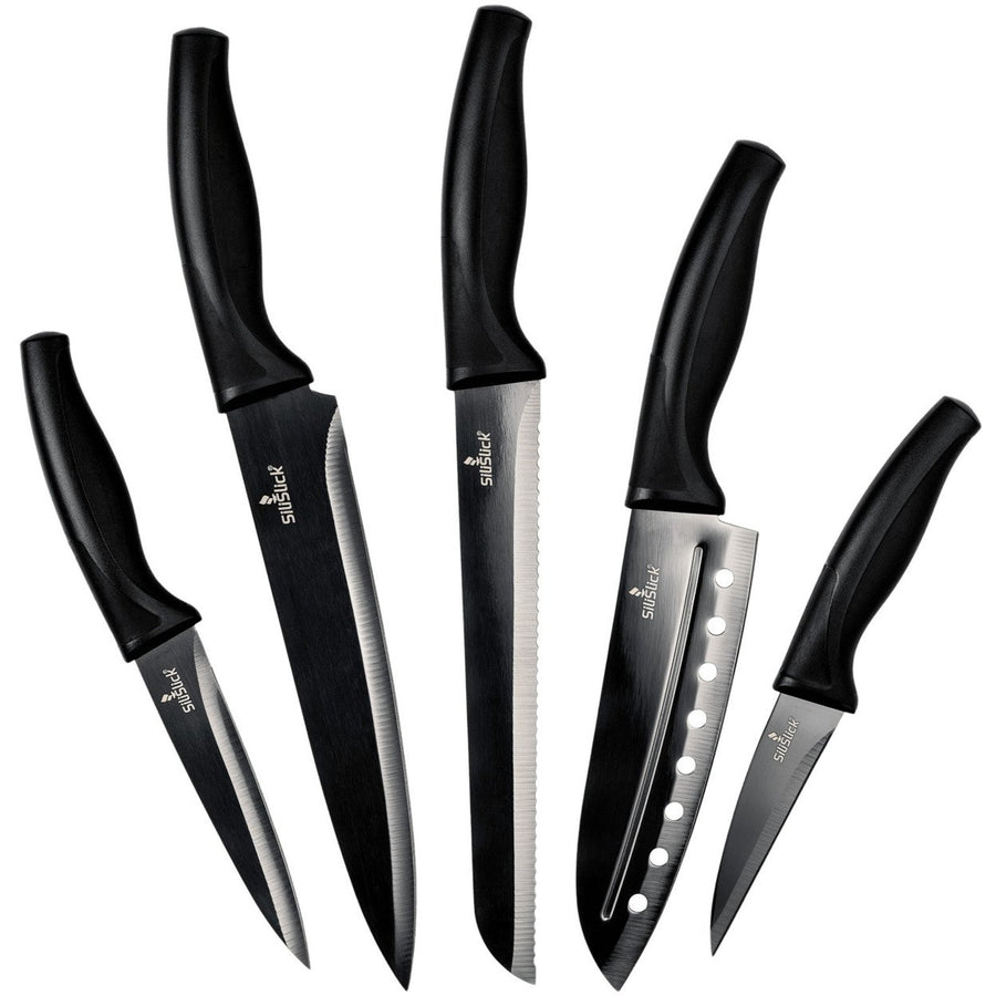 SiliSlick Stainless Steel Black Handle/Blade Knife Set - Titanium Coated Stainless Steel Kitchen Utility, Santoku, Image 1