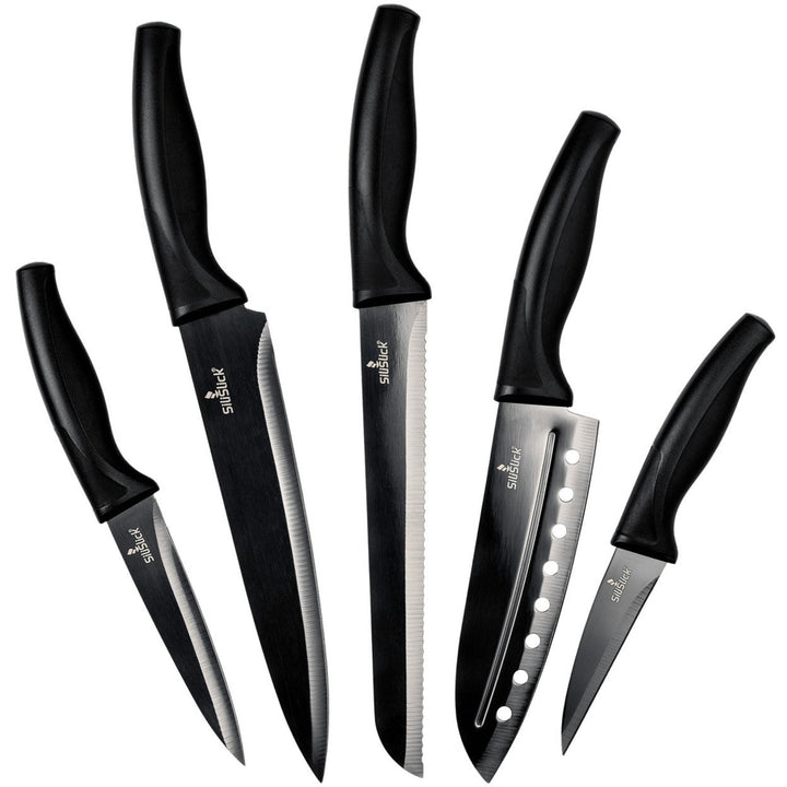 SiliSlick Titanium Coated Stainless Steel Knife Set Black Handle Utility Chef Image 1