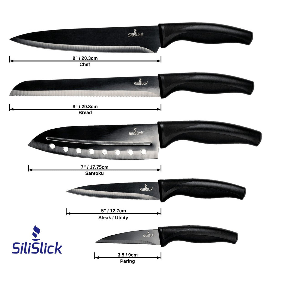 SiliSlick Titanium Coated Stainless Steel Knife Set Black Handle Utility Chef Image 2